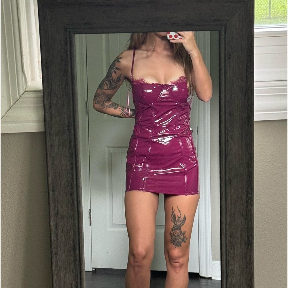 Fashion Nova burgundy bodycon fake leather dress with lace trim
